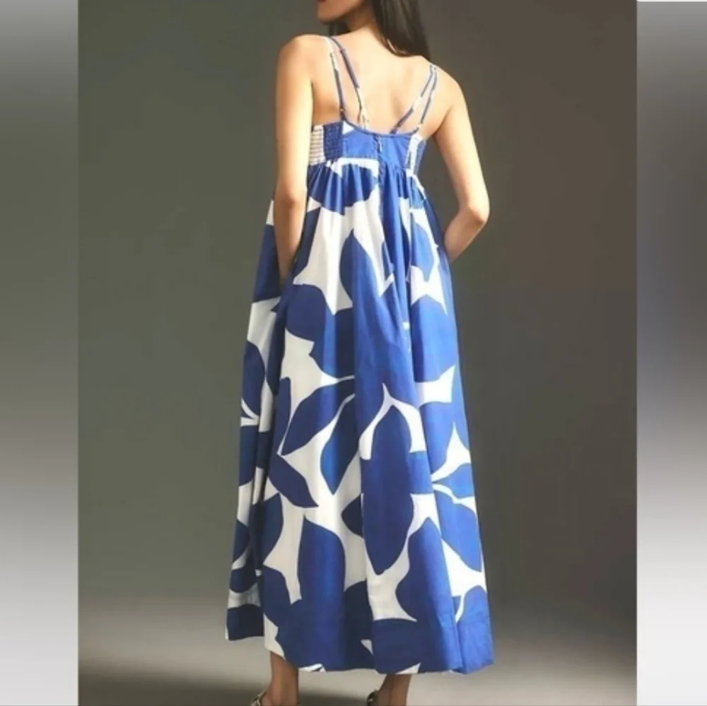 ANTHROPOLOGIE Dress MED Printed Babydoll Smock Maxi Blue White Abstract Strappy - Picture 2 of 11